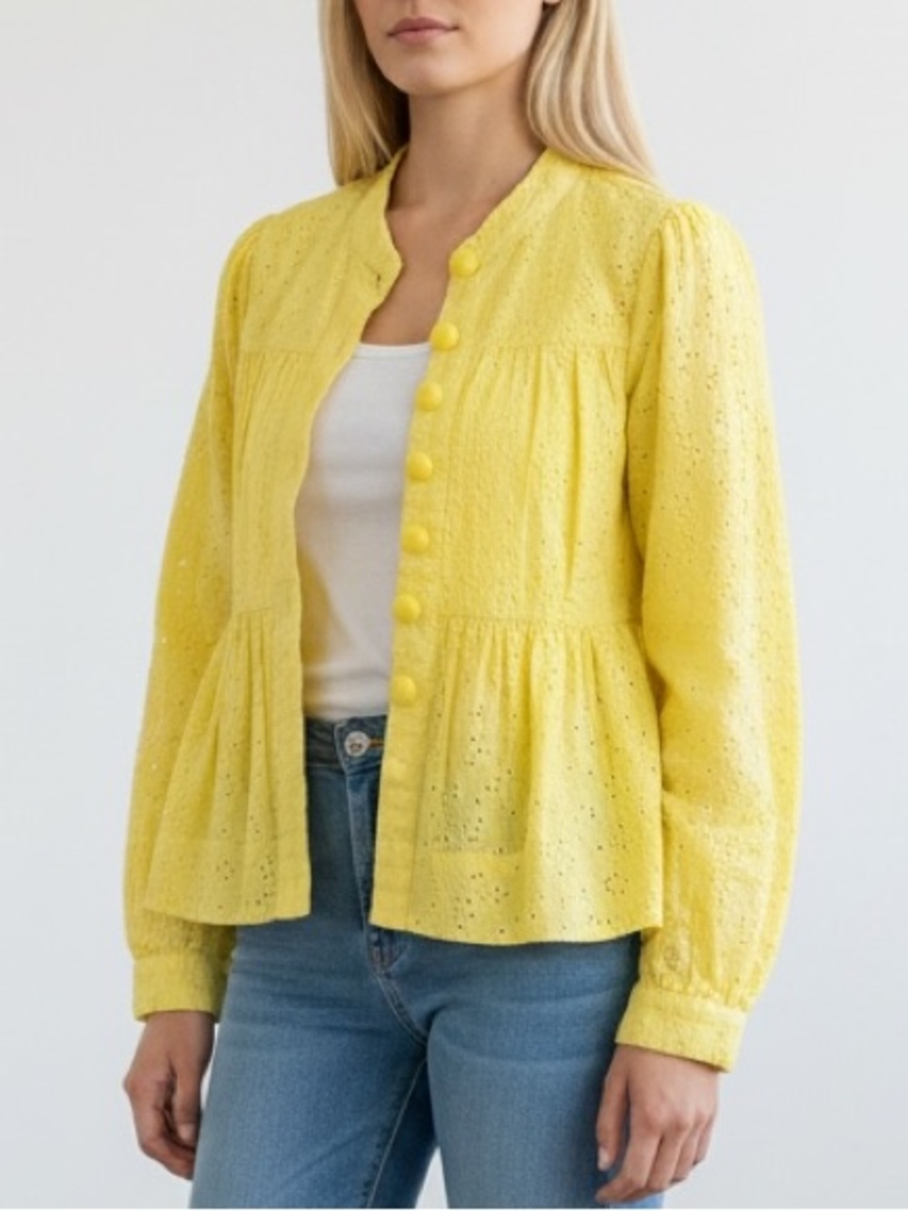 ELEVENSES | Womens Yellow Rouleau Button Eyelet Lace Blazer Jacket size 4 Anthro